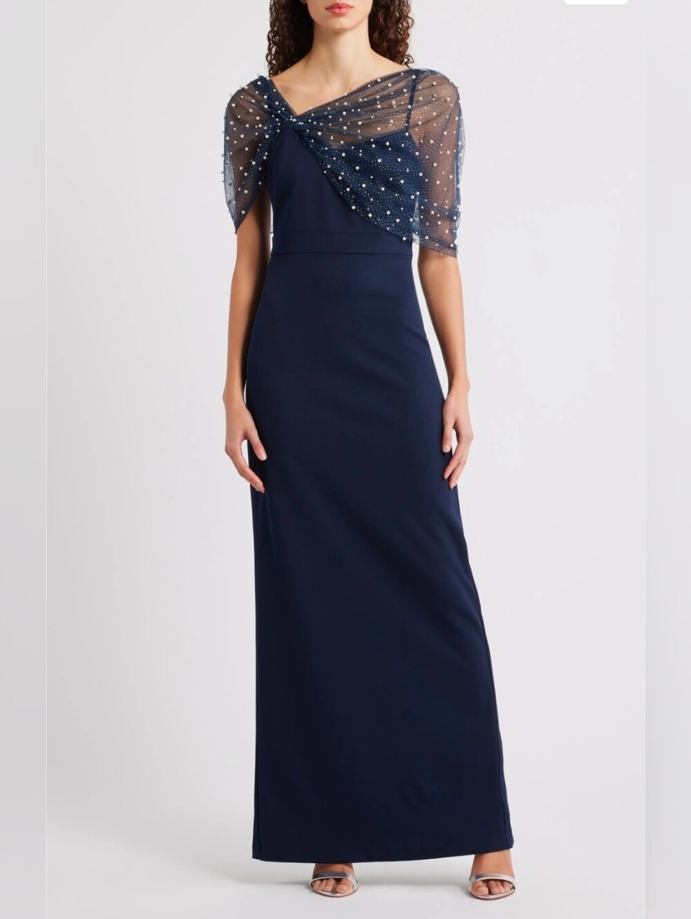 Eliza J Navy Beaded Mesh Capelet Maxi Faux Pearl Mesh Detail Gown Size 10